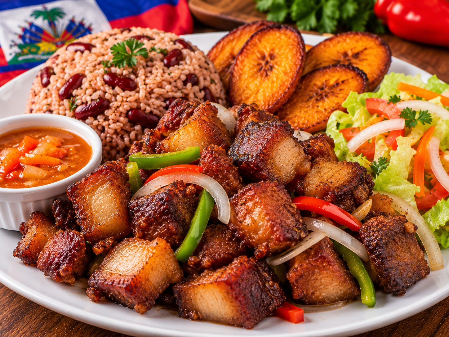 Illustrative Haitian griot plate with rice and beans and plantains