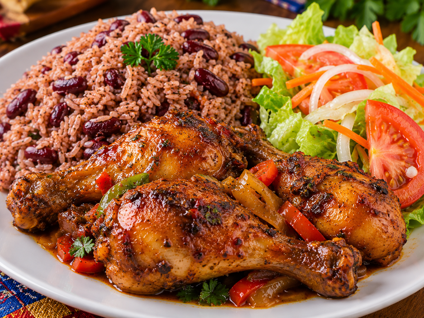 Illustrative Haitian chicken plate with rice and beans and salad